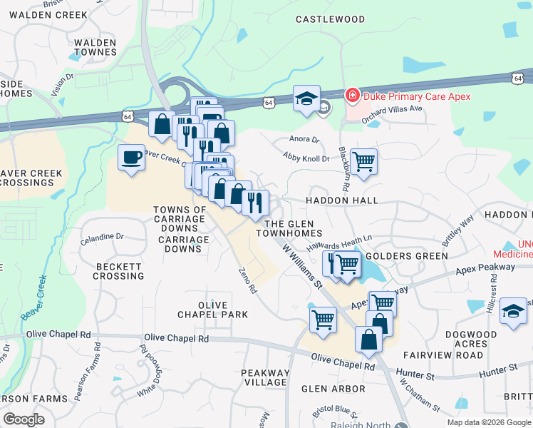 map of restaurants, bars, coffee shops, grocery stores, and more near 1515 Haywards Heath Lane in Apex