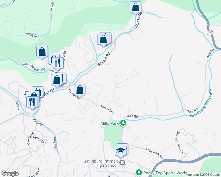map of restaurants, bars, coffee shops, grocery stores, and more near 385 PA Proffitt Road in Gatlinburg