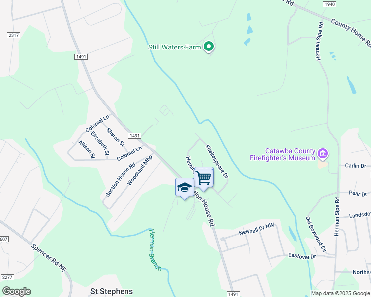 map of restaurants, bars, coffee shops, grocery stores, and more near 4199 Hemingway Drive in Hickory