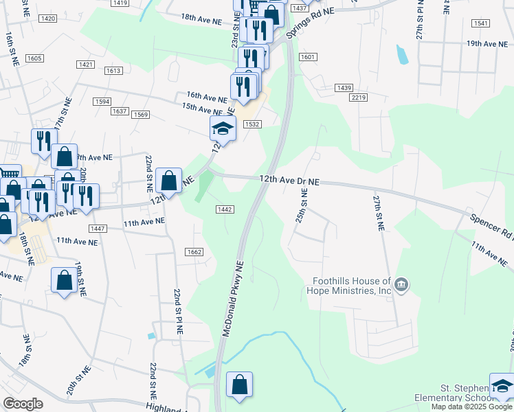 map of restaurants, bars, coffee shops, grocery stores, and more near McDonald Parkway Northeast in Hickory