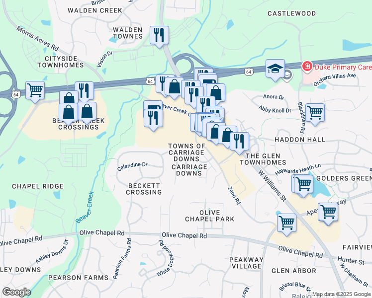map of restaurants, bars, coffee shops, grocery stores, and more near 108 Galimore Way in Apex