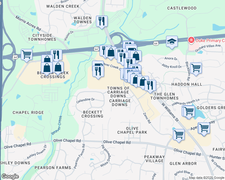 map of restaurants, bars, coffee shops, grocery stores, and more near 104 Ranger Place in Apex