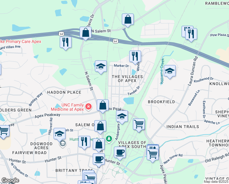 map of restaurants, bars, coffee shops, grocery stores, and more near 1025 Branch Line Lane in Apex