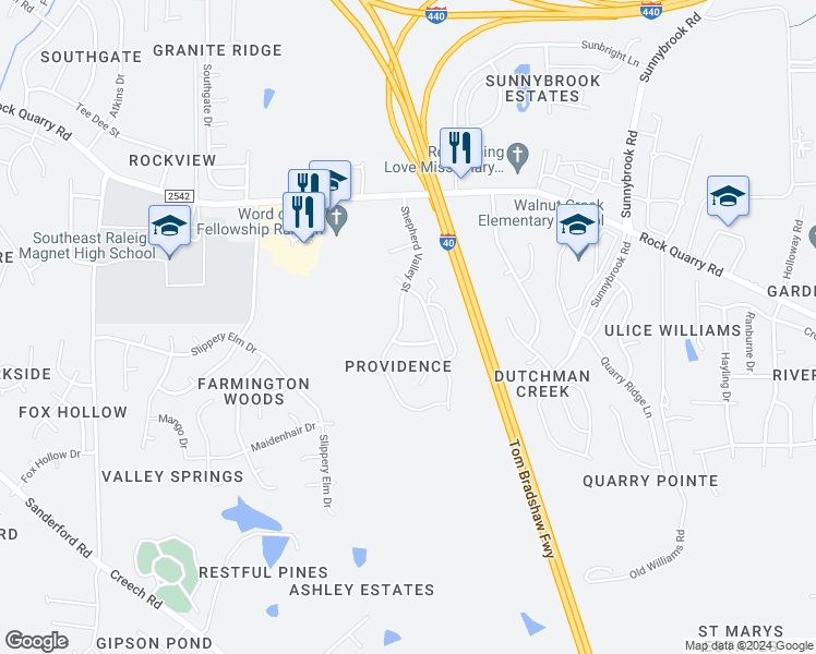 map of restaurants, bars, coffee shops, grocery stores, and more near 2537 Shepherd Valley Street in Raleigh