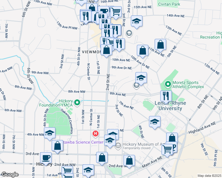map of restaurants, bars, coffee shops, grocery stores, and more near 818 2nd Street Place Northeast in Hickory