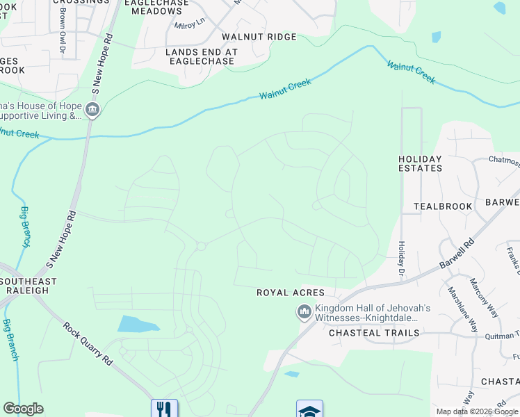 map of restaurants, bars, coffee shops, grocery stores, and more near 2560 Holiday Drive in Raleigh