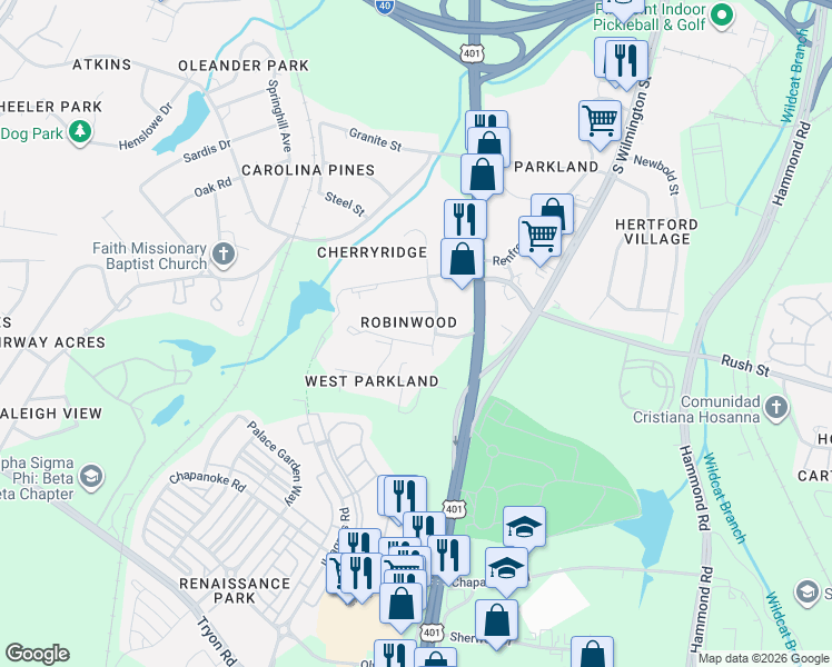 map of restaurants, bars, coffee shops, grocery stores, and more near 604 Wexford Drive in Raleigh