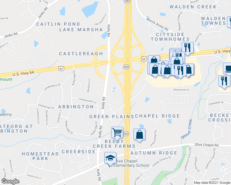 map of restaurants, bars, coffee shops, grocery stores, and more near 1035 Diamond Dove Lane in Apex