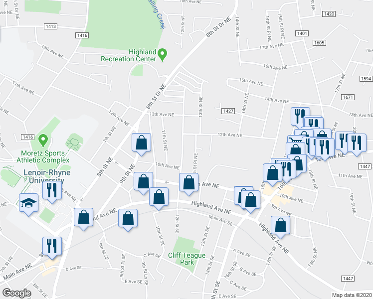 map of restaurants, bars, coffee shops, grocery stores, and more near 1097 12th Street Place Northeast in Hickory