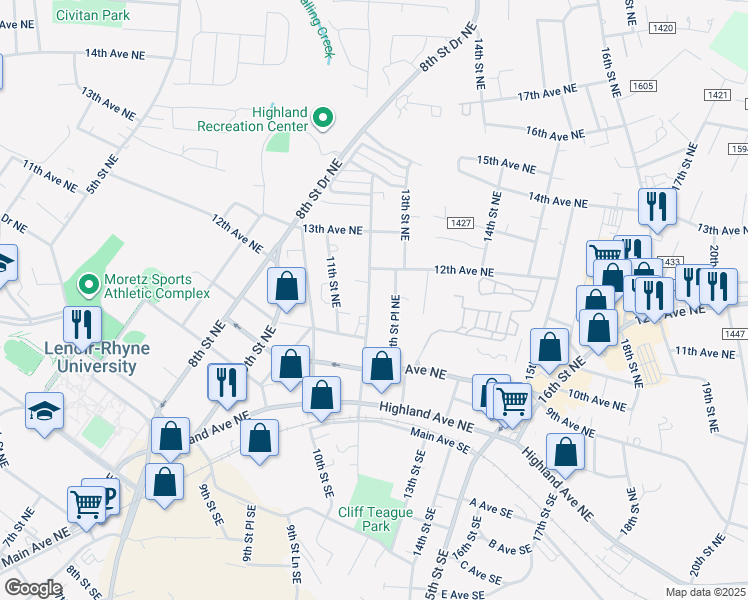 map of restaurants, bars, coffee shops, grocery stores, and more near 1105 12th Street Northeast in Hickory