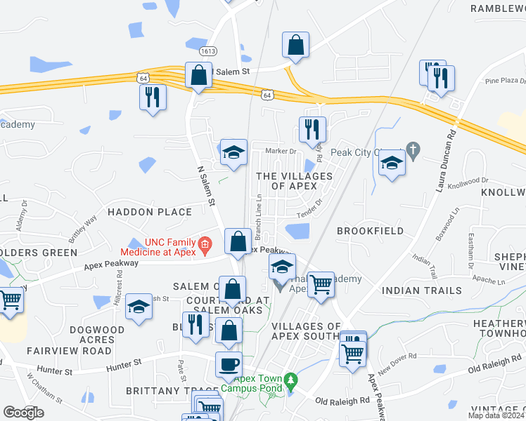 map of restaurants, bars, coffee shops, grocery stores, and more near 1025 Branch Line Lane in Apex