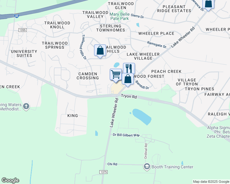 map of restaurants, bars, coffee shops, grocery stores, and more near 2800 Трион-роуд in Raleigh