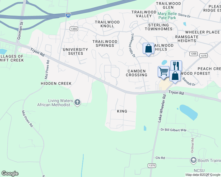 map of restaurants, bars, coffee shops, grocery stores, and more near 3135 Tryon Road in Raleigh