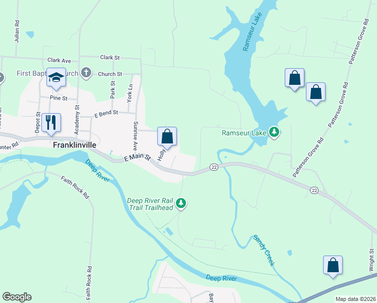 map of restaurants, bars, coffee shops, grocery stores, and more near 545 East Main Street in Franklinville