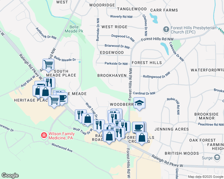 map of restaurants, bars, coffee shops, grocery stores, and more near 1308 Dixon Court Northwest in Wilson