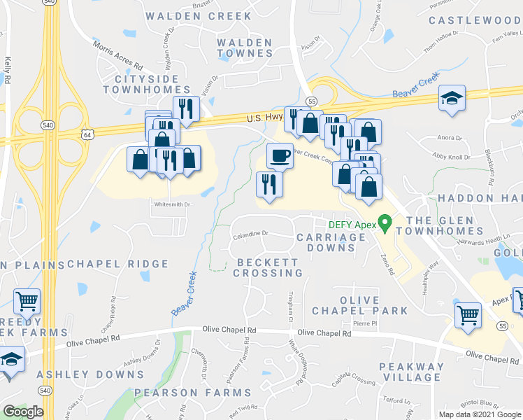 map of restaurants, bars, coffee shops, grocery stores, and more near 1412 Fairfax Woods Drive in Apex