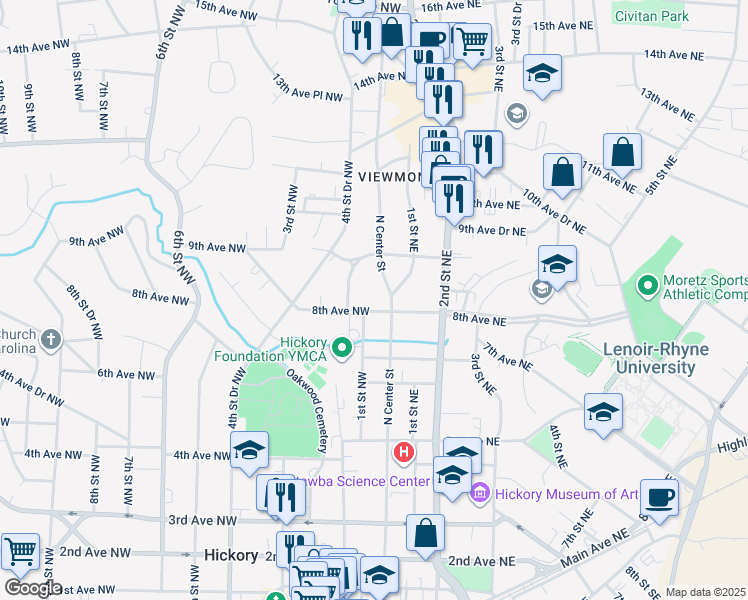 map of restaurants, bars, coffee shops, grocery stores, and more near 24 8th Avenue Northwest in Hickory