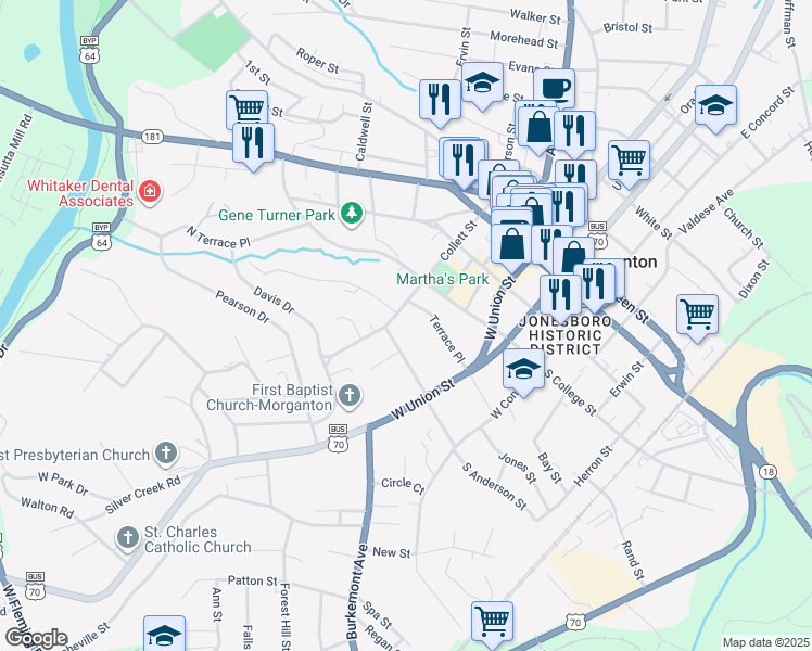 map of restaurants, bars, coffee shops, grocery stores, and more near 501 Collett Street in Morganton