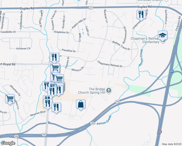 map of restaurants, bars, coffee shops, grocery stores, and more near 4005 Strata Drive in Spring Hill