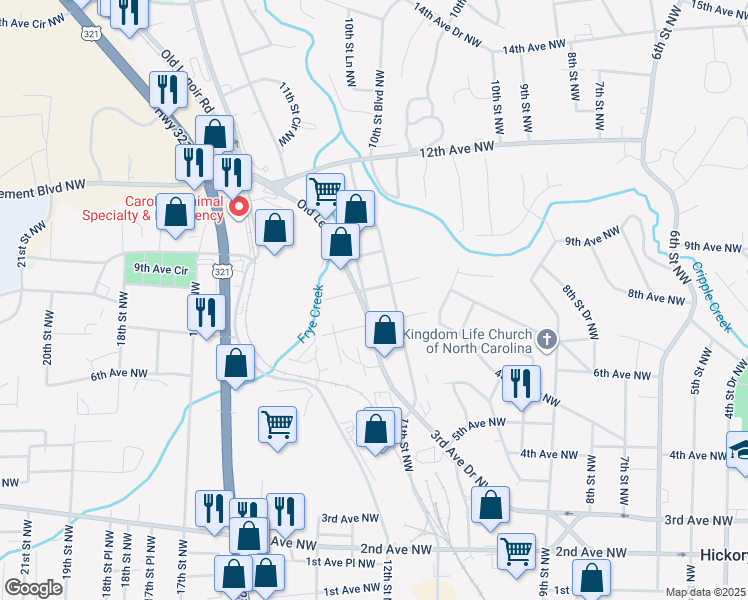 map of restaurants, bars, coffee shops, grocery stores, and more near 724 11th Street Northwest in Hickory