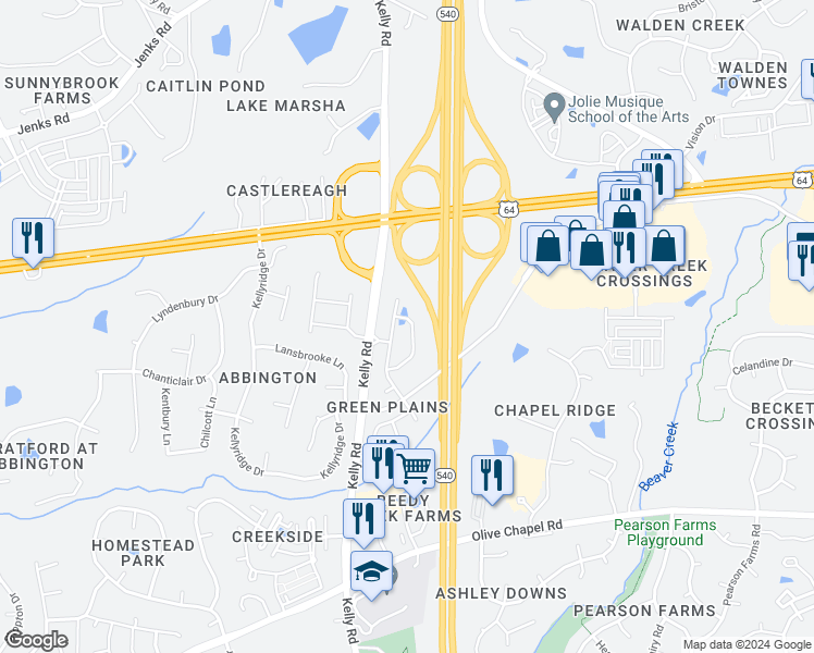 map of restaurants, bars, coffee shops, grocery stores, and more near 2230 Chattering Lory Lane in Apex