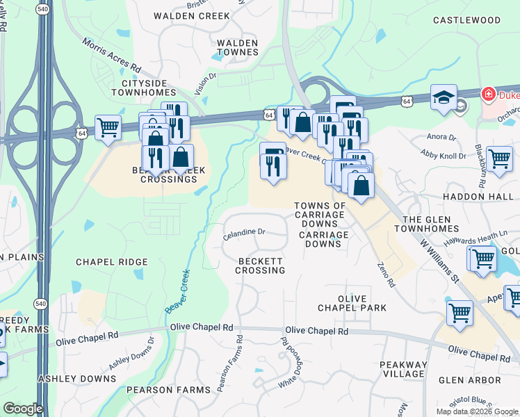 map of restaurants, bars, coffee shops, grocery stores, and more near 1412 Fairfax Woods Drive in Apex