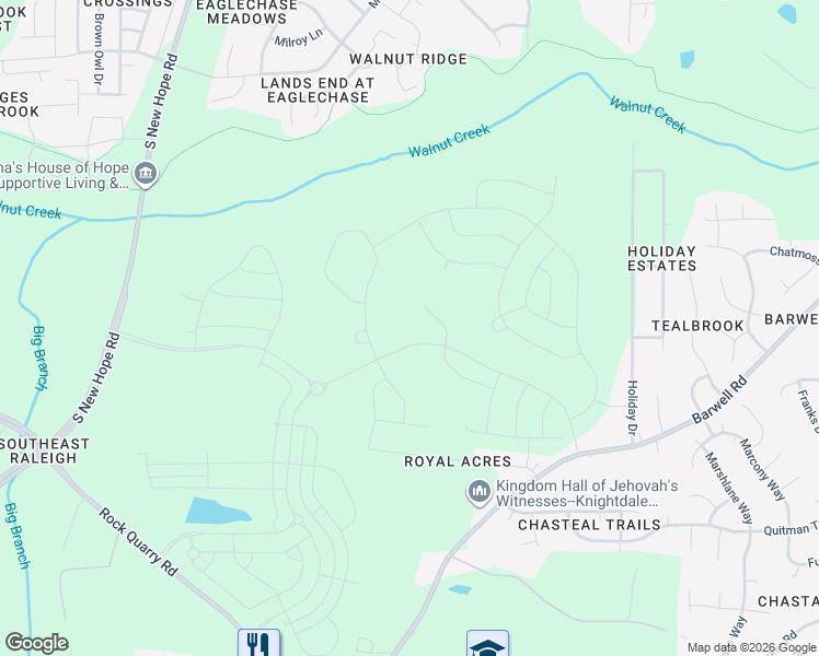 map of restaurants, bars, coffee shops, grocery stores, and more near 2560 Holiday Drive in Raleigh