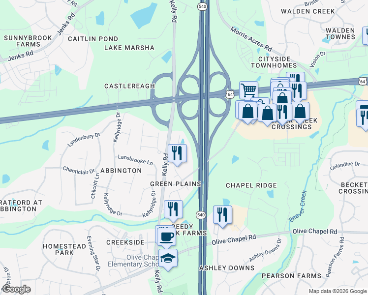map of restaurants, bars, coffee shops, grocery stores, and more near 1035 Diamond Dove Lane in Apex