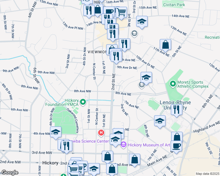map of restaurants, bars, coffee shops, grocery stores, and more near 815 2nd Street Northeast in Hickory
