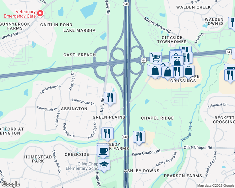 map of restaurants, bars, coffee shops, grocery stores, and more near 2229 Chattering Lory Lane in Apex