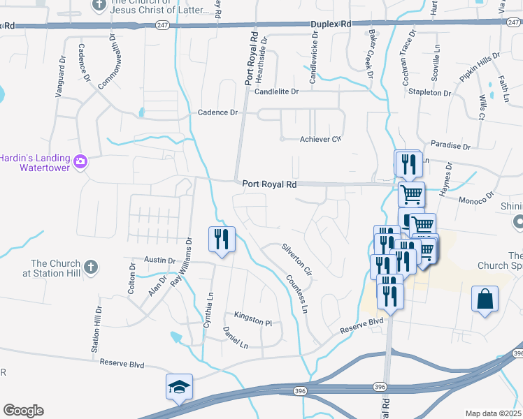 map of restaurants, bars, coffee shops, grocery stores, and more near 5045 Port Royal Road in Spring Hill