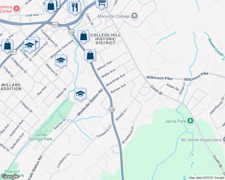 map of restaurants, bars, coffee shops, grocery stores, and more near 313 Barnes Avenue in Maryville