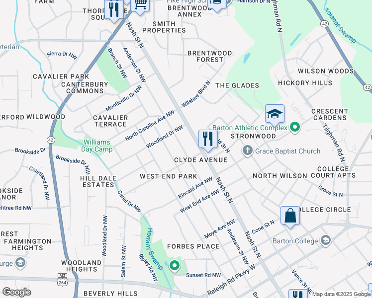 map of restaurants, bars, coffee shops, grocery stores, and more near 1510 Anderson Street Northwest in Wilson