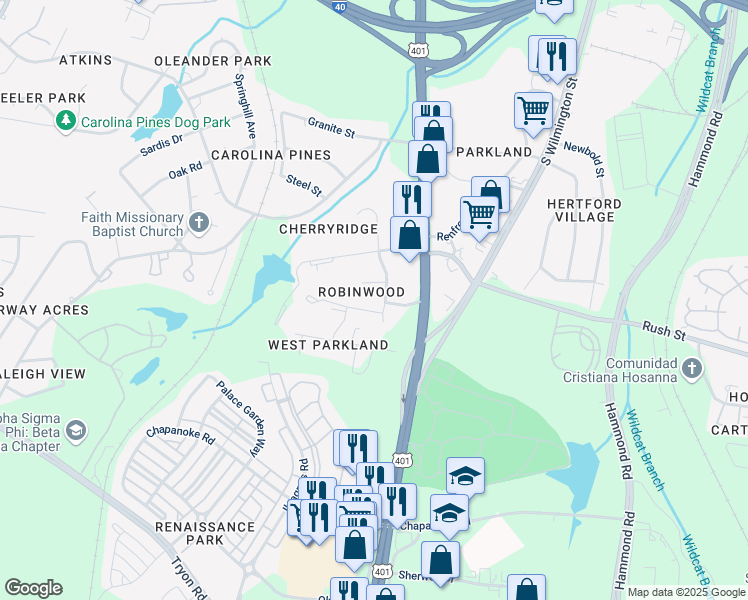 map of restaurants, bars, coffee shops, grocery stores, and more near 604 Wexford Drive in Raleigh