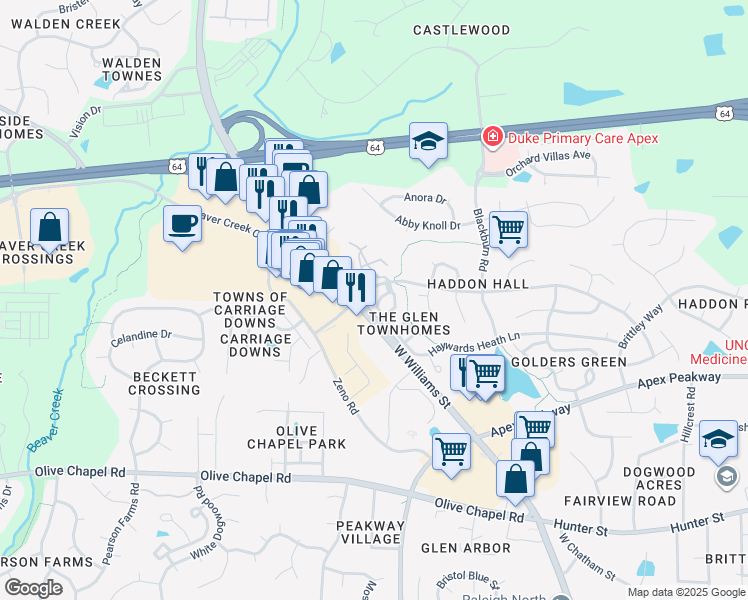 map of restaurants, bars, coffee shops, grocery stores, and more near 1515 Haywards Heath Lane in Apex