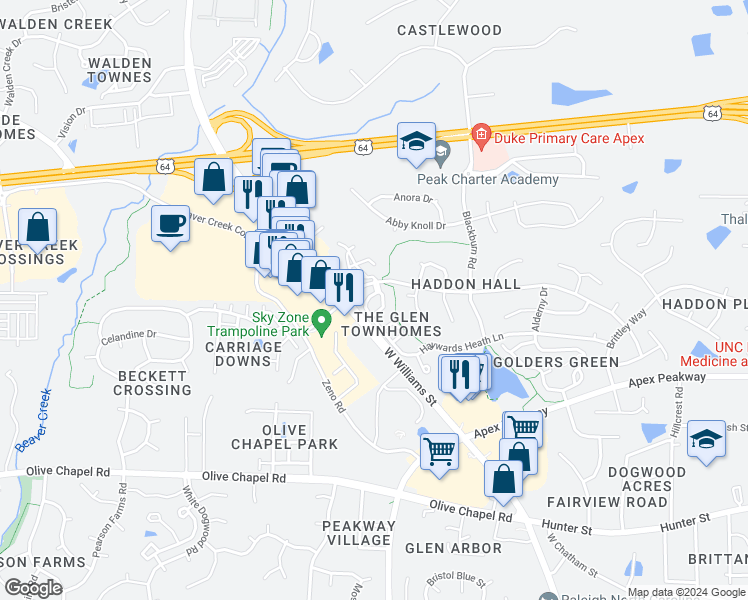 map of restaurants, bars, coffee shops, grocery stores, and more near 1530 Haywards Heath Lane in Apex