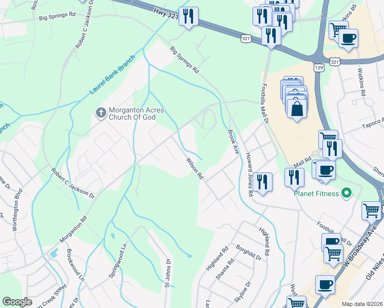 map of restaurants, bars, coffee shops, grocery stores, and more near 818 Wilson Road in Maryville