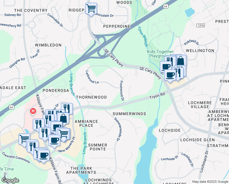 map of restaurants, bars, coffee shops, grocery stores, and more near 103 Larkwood Lane in Cary