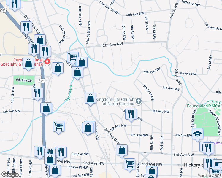 map of restaurants, bars, coffee shops, grocery stores, and more near 1081 6th Avenue Drive Northwest in Hickory