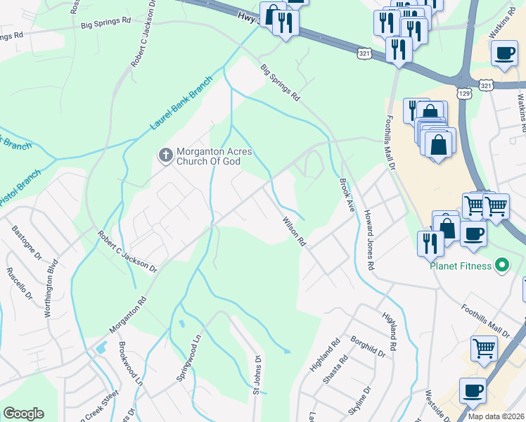 map of restaurants, bars, coffee shops, grocery stores, and more near Moonrise Lane in Maryville