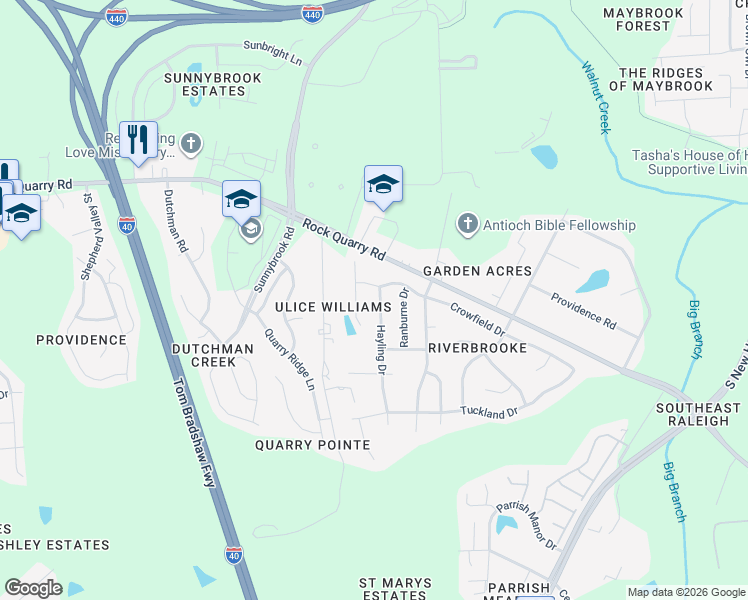 map of restaurants, bars, coffee shops, grocery stores, and more near 2905 Hayling Drive in Raleigh