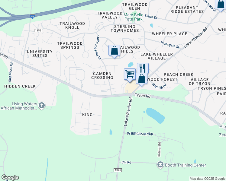 map of restaurants, bars, coffee shops, grocery stores, and more near 2906 Трион-роуд in Raleigh