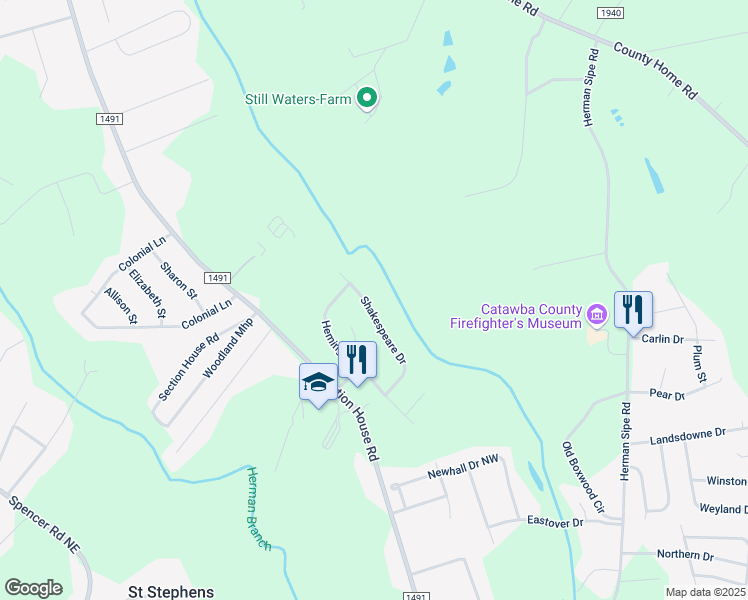 map of restaurants, bars, coffee shops, grocery stores, and more near 3979 Shakespeare Drive in Hickory