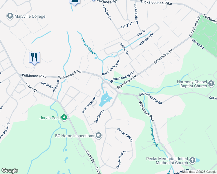 map of restaurants, bars, coffee shops, grocery stores, and more near 121 Mayfair East in Maryville