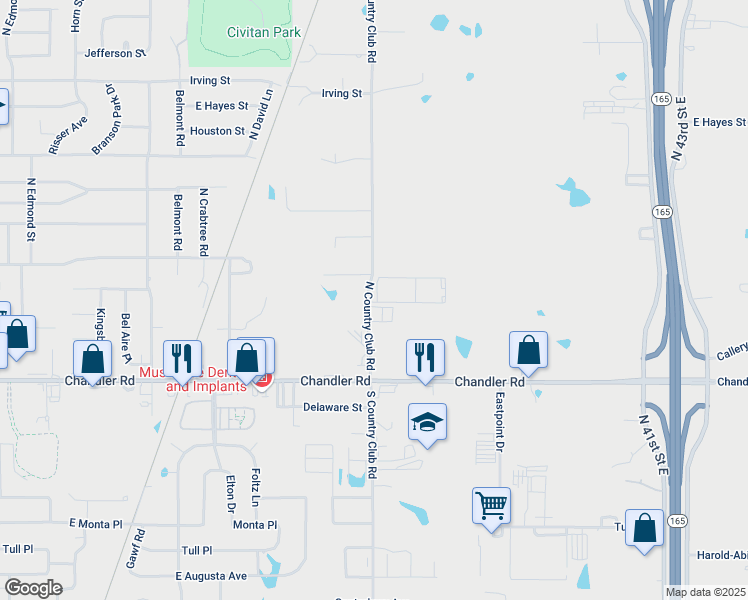 map of restaurants, bars, coffee shops, grocery stores, and more near 200 North Country Club Road in Muskogee