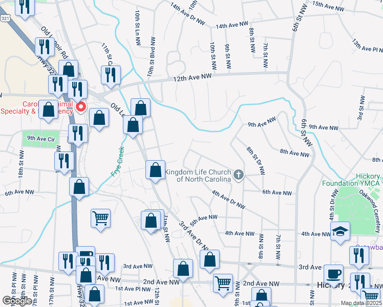map of restaurants, bars, coffee shops, grocery stores, and more near 1081 6th Avenue Drive Northwest in Hickory