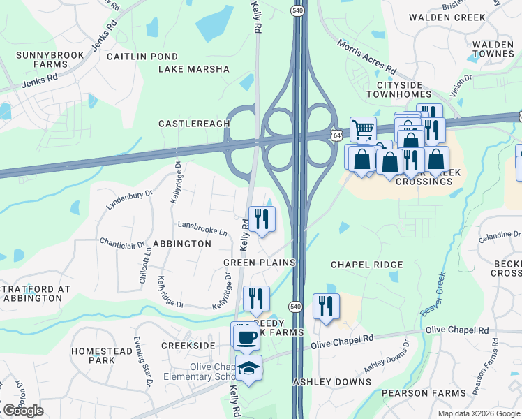 map of restaurants, bars, coffee shops, grocery stores, and more near 1035 Diamond Dove Lane in Apex