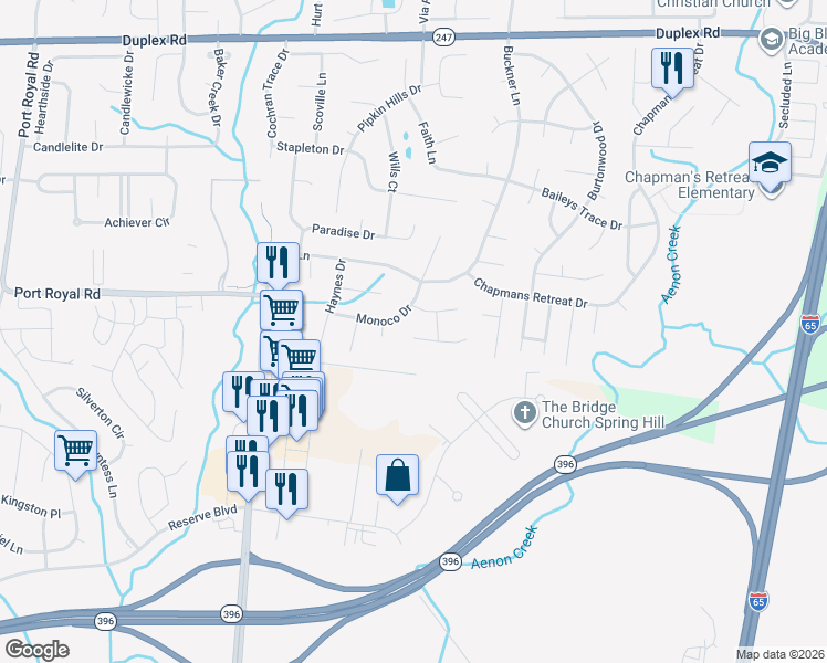 map of restaurants, bars, coffee shops, grocery stores, and more near 2004 Orlimar Court in Spring Hill