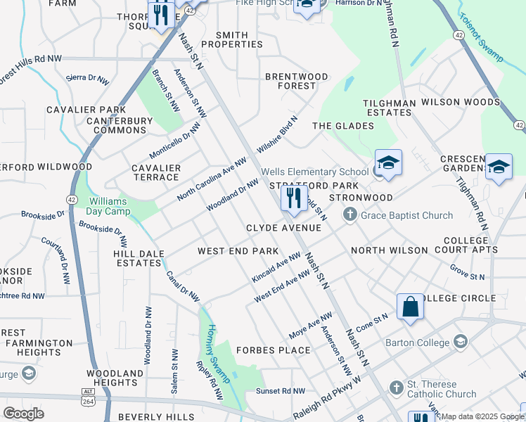 map of restaurants, bars, coffee shops, grocery stores, and more near 1510 Anderson Street Northwest in Wilson