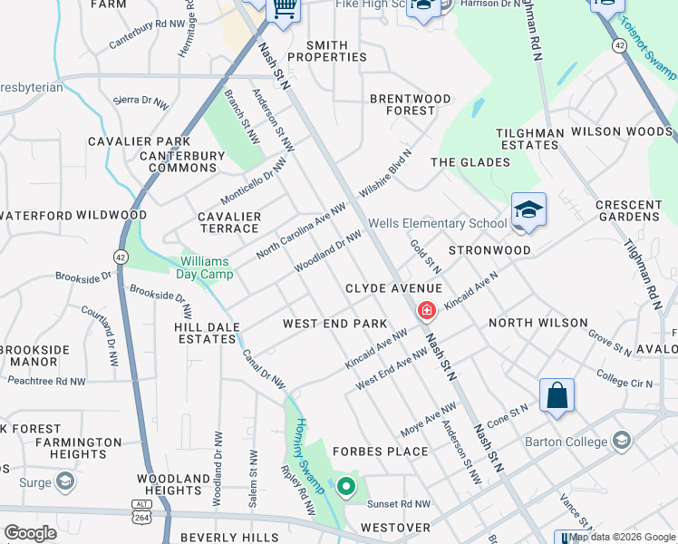 map of restaurants, bars, coffee shops, grocery stores, and more near 1518 Branch Street Northwest in Wilson